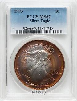 1993 Silver Eagle Dollar PCGS MS67 Extravagant Red Sunkissed Tone Great Luster