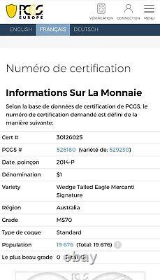1oz 2014 Silver Coin MS70 Australia 1oz Australian Wedge Tailed Eagle PCGS