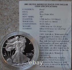 2001 W AMERICAN SILVER EAGLE PROOF DOLLAR US Mint ASE Coin with Box and COA