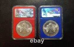 2017 SET OF 2 MS 70 American Silver Eagles RED & BLUE LABELS