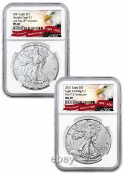 2021 American Silver Eagle T1 Last Day T2 First Production NGC MS69 2-Coin Set