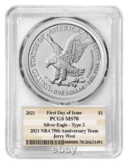 2021 American Silver Eagle Type 2 PCGS MS70 FDOI Jerry West Signed Label