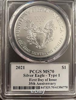 2021 Mint State Silver Eagle Type 1 MS70, First Day of Issue, Mercanti Signed