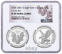 2021 S $1 Proof American Silver Eagle Type 1 Type 2 NGC PF69 2 Coin Set Reverse