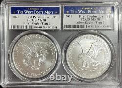 2021 Silver Eagle Type 1 & 2 Last And 1st Production West Point Mint PCGS MS70
