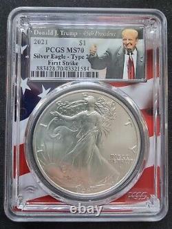 2021 USA 1oz American Silver Eagle Type 2 PCGS MS70 FS Donald Trump USA FLAG