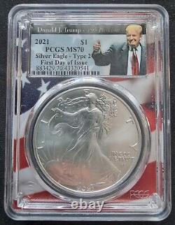 2021 USA 1oz American Silver Eagle Type 2 USA Flag D. J. Trump PCGS MS70 FDOI