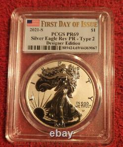 2021 s reverse proof silver eagle PCGS PR 69 First Day of Issue