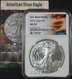 2022 American Silver Eagle $1, NGC MS70, US State Series, Vermont, Ships Free