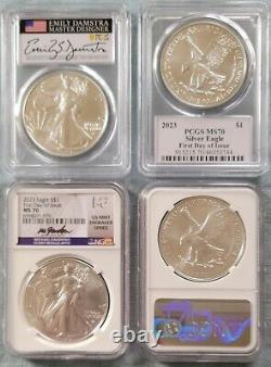2023 (w) Silver Eagle Ngc/pcgs Ms70 Fdoi Damstra/gaudioso Labels (2 Coin Set)