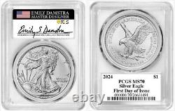 2024 $1 American Silver Eagle Pcgs Ms70 First Day Of Issue Damstra Signed Label