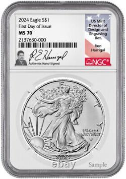 2024 American Silver Eagle First Day of Issue NGC MS70 Harrigal Signed