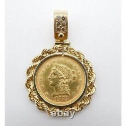Liberty Head Quarter Eagle Coin With Rope Bezel Pendant 14k Yellow Gold Plated
