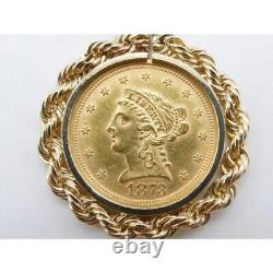 Liberty Head Quarter Eagle Coin With Rope Bezel Pendant 14k Yellow Gold Plated