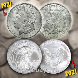 1921 / 2021 Ensemble de Dollars en Argent GEM BU ? Morgan + American Eagle UNC Lot de Succession