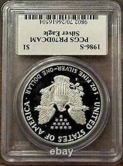 1986 S Épreuve d'aigle en argent PCGS PR70 DCAM, signée par John Mercanti, étiquette noire ASE