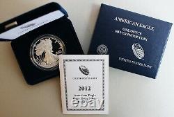 2012 W AMERICAN SILVER EAGLE PROOF DOLLAR US Mint ASE Coin with Box and COA  <br/>  
	2012 W AIGLE AMÉRICAIN EN ARGENT PREUVE DOLLAR US Mint ASE Pièce avec Boîte et COA