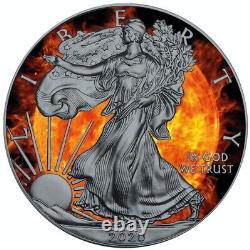 2020 1 Oz Silver $1 SUN FLARE EAGLE Pièce de monnaie plaquée ruthénium colorée DERNIÈRE PIÈCE