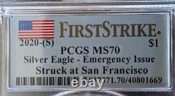 2020 Aigle d'argent émission d'urgence frappé à San Francisco PCGS MS70 1er coup