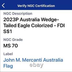 2023 Australie Wedge-Tailed Eagle 1 oz. 999 Argent colorisé Mercanti MS70 FDOI
