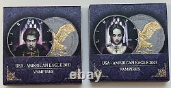 2023 Ensemble de pièces de monnaie Vampires TWO! 1 Oz. 999 American Silver Eagle Seulement 300 frappées WW