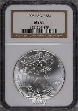 Date clé 1996 American Eagle en argent de 1 $ MS 69 NGC # 1531367-179 + Bonus