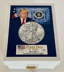 Donald Trump 2017. Inauguration. American Silver Eagle. 999 Silver Coin with COA  <br/>	   
 <br/>
 Donald Trump 2017. Investiture. Aigle d'argent américain. Pièce en argent 999 avec COA
