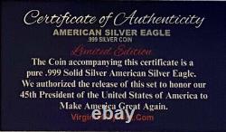 Donald Trump 2017. Inauguration. American Silver Eagle. 999 Silver Coin with COA 	<br/>

<br/>  
Donald Trump 2017. Investiture. Aigle d'argent américain. Pièce en argent 999 avec COA