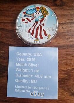 Édition colorée du drapeau américain de l'aigle américain en argent 1oz 2019 USA 100 BU 999 boîte coa