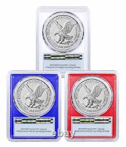 Ensemble de 3 pièces 2021 American Silver Eagle 1-oz T-2 PCGS MS70 FS Noyau Rouge Blanc Bleu