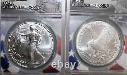 Ensemble de pièces de monnaie American Silver Eagle Dollars Type 1 et Type 2 MS70 First Strike de 2021