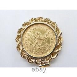 Pendentif de pièce Liberty Head Quarter Eagle avec bordure en corde, finition en or jaune 14 carats