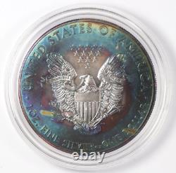 Pièce d'argent américaine 2013 American Silver Eagle avec tonification naturelle de l'arc-en-ciel dans une capsule violette et cyan de 1 once