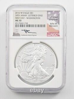 Pièce d'argent américaine American Silver Eagle de 2016 W de 1 $, NGC MS70 signée par Washington Mercanti