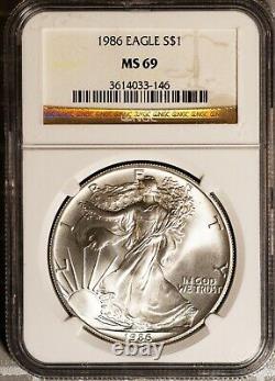 Première année 1986 $1 American Silver Eagle MS 69 NGC # 3614033-146 + Bonus