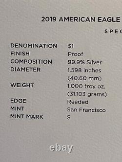 Proof American Silver Eagle 2019 du Sud. De la Monnaie des États-Unis avec OGP et COA